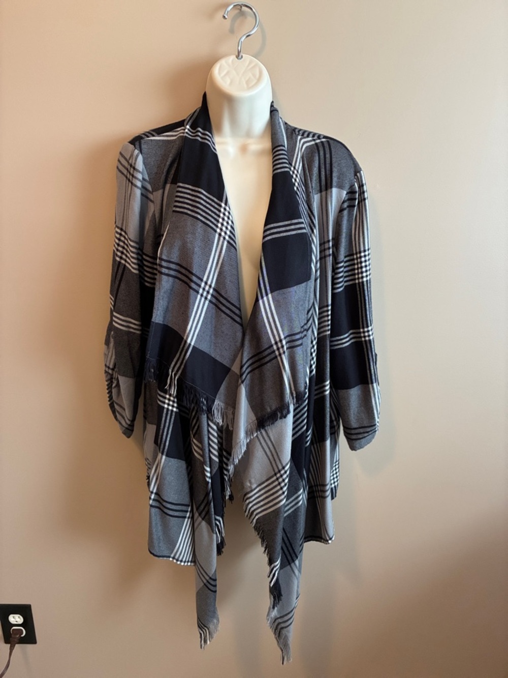 Maurices Black & Gray Plaid Fringe Open-Front Shrug